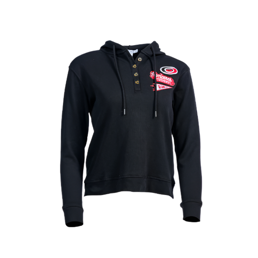 Front: Waffle-textured Black hoodie with buttons at neck, 3 Hurricanes patches on left chest