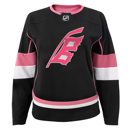 Front: Black jersey with pink and white accents, pink and white Flags logo on front