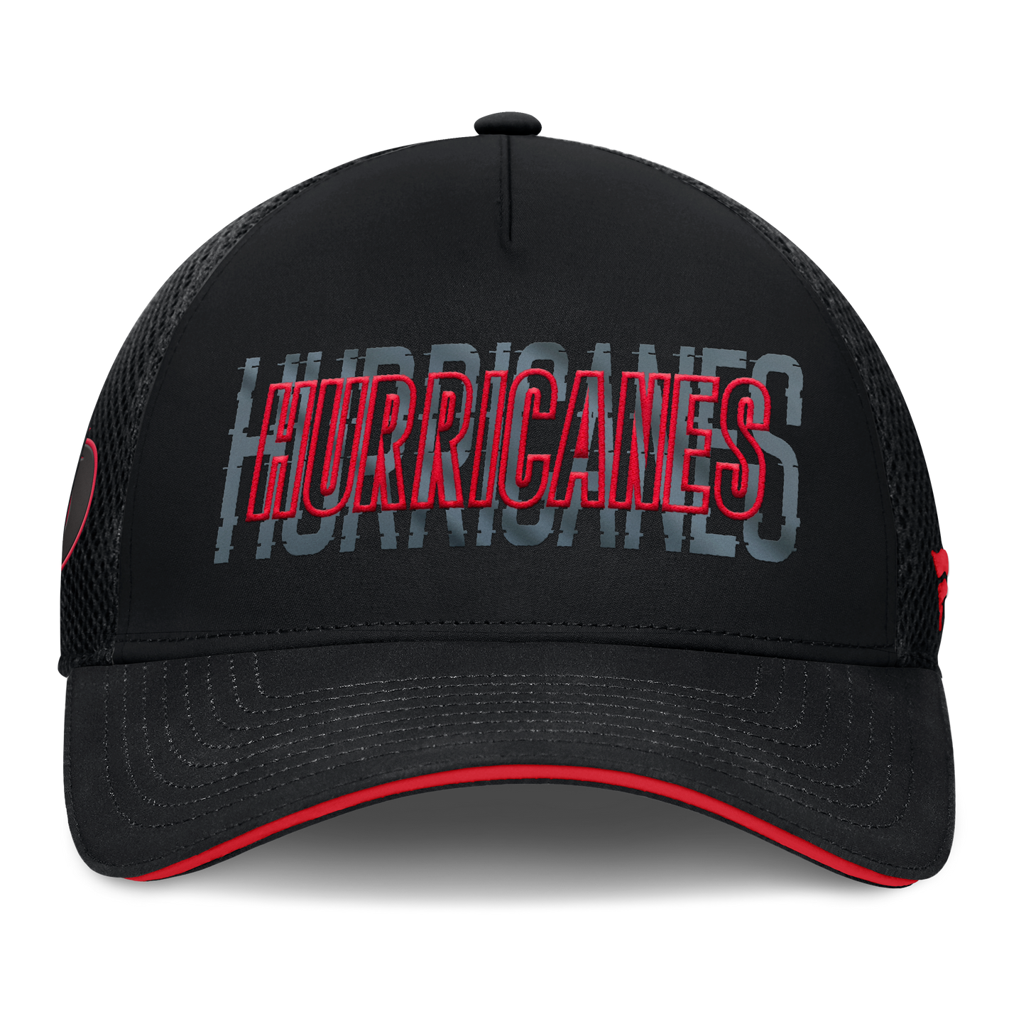 Front: Black hat that says Hurricanes in red and gray stacked on each other