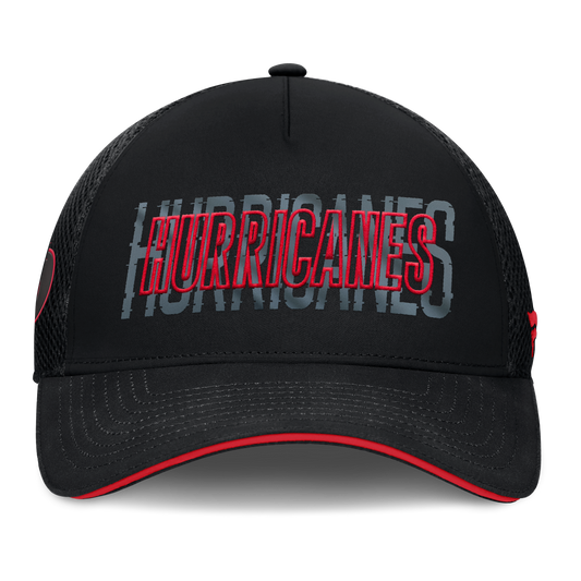 Front: Black hat that says Hurricanes in red and gray stacked on each other