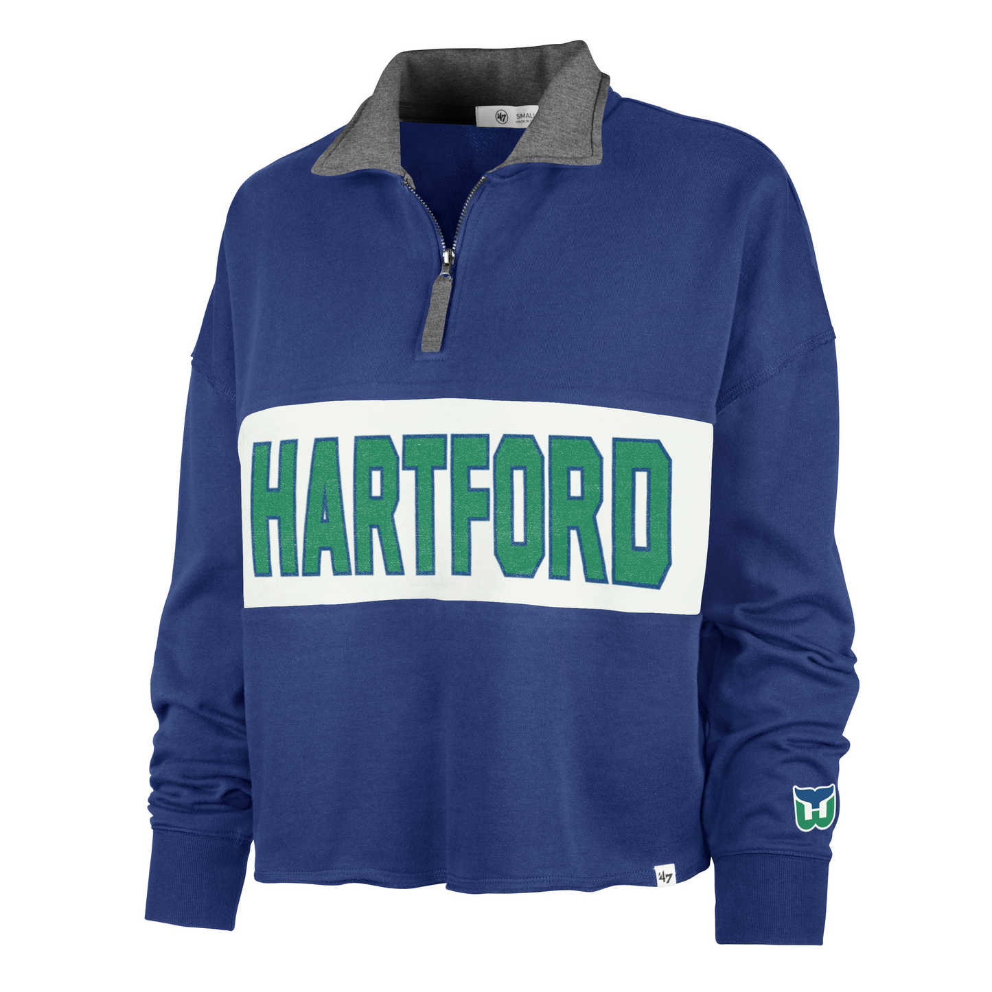 Front: Blue and white collared quarter zip, Hartford in green across front