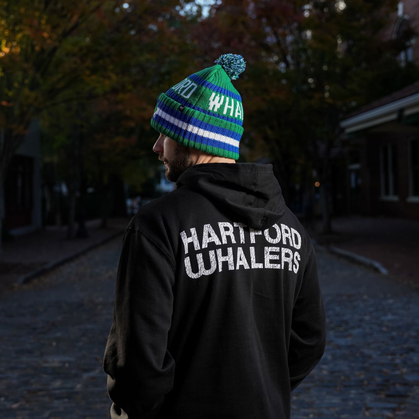 Back: Black hoodie, says Hartford Whalers in white across the back