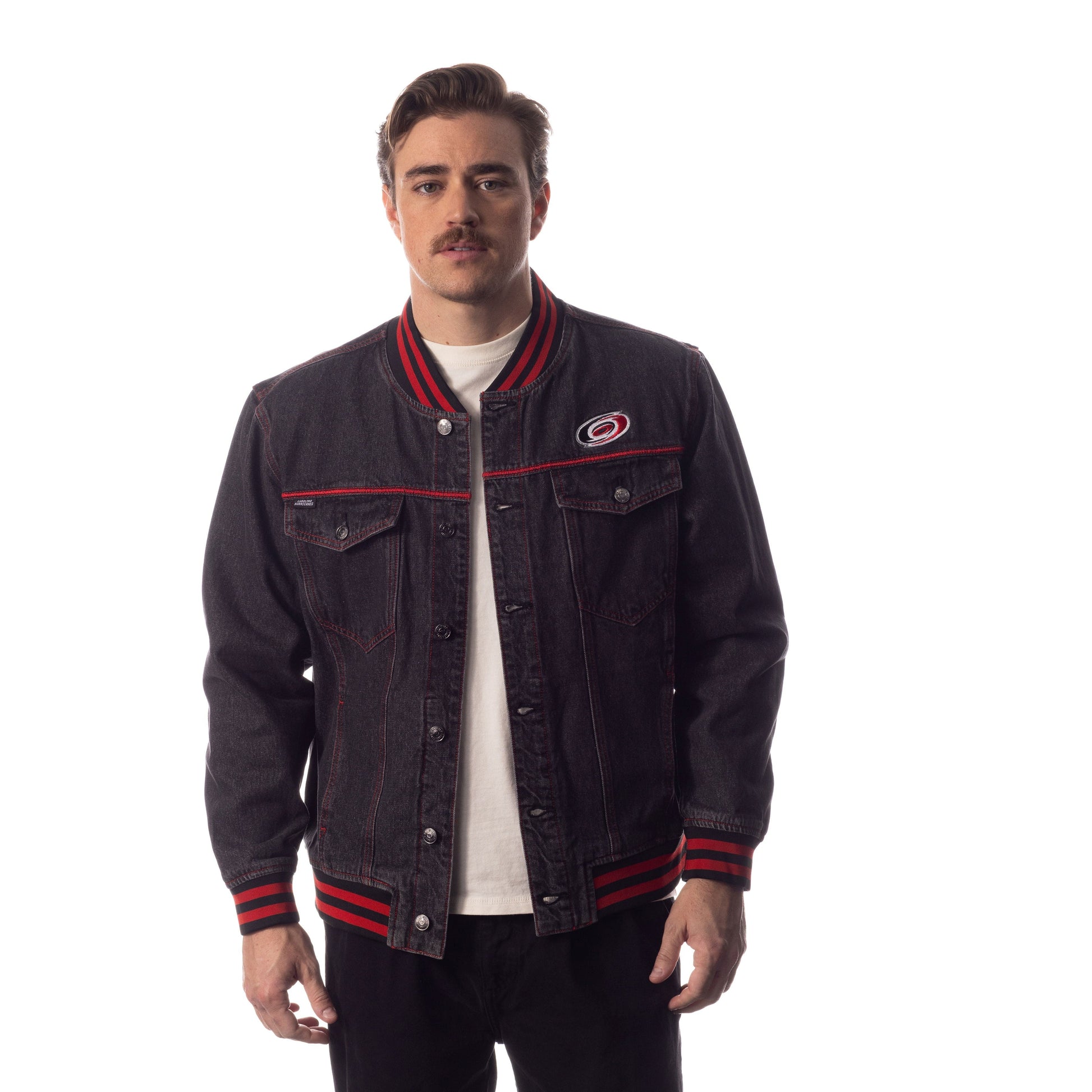 Front: Black button up denim jacket with red and black trim, primary logo on left chest