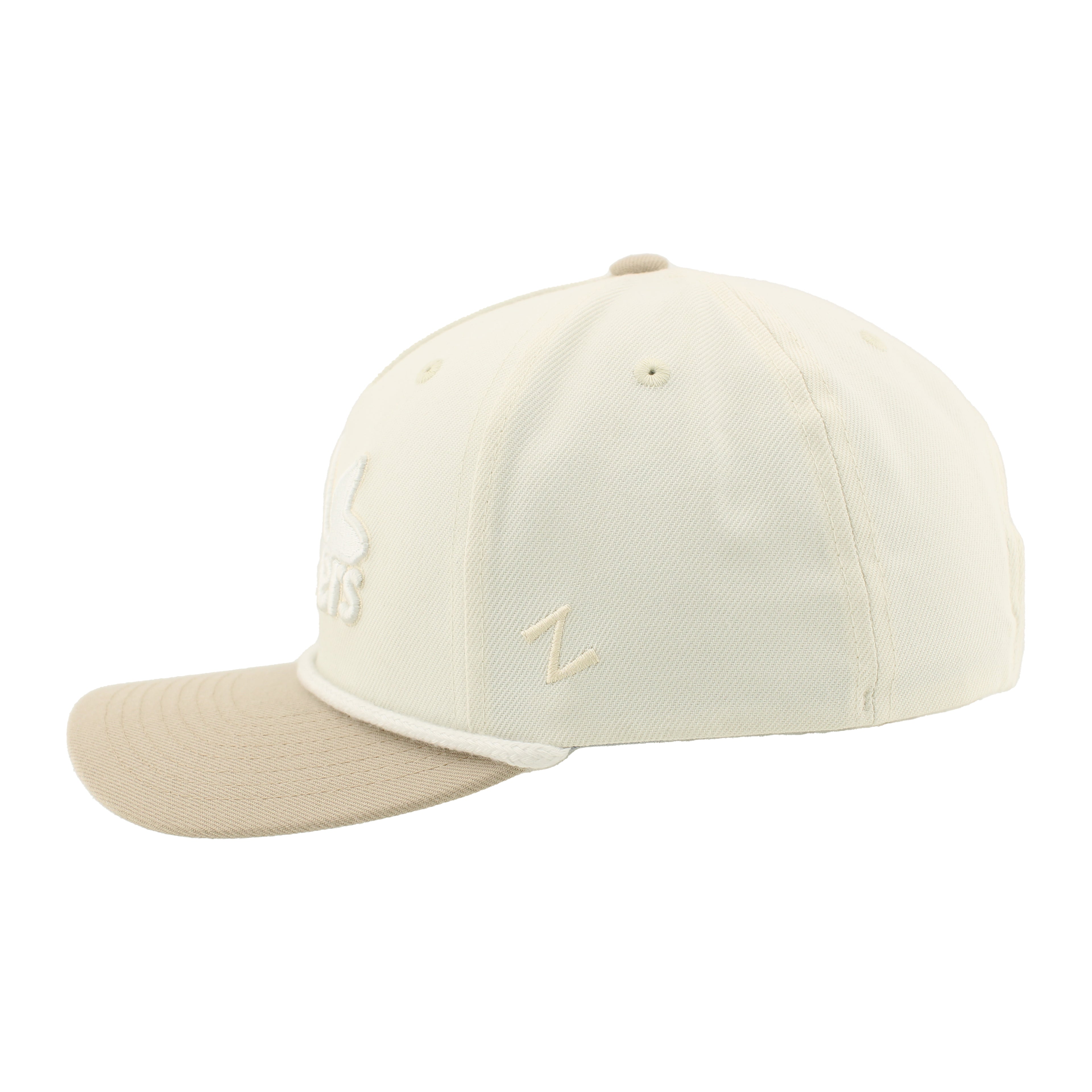 Left: Cream hat with beige brim, cream-colored "Z" Zephyr logo on side