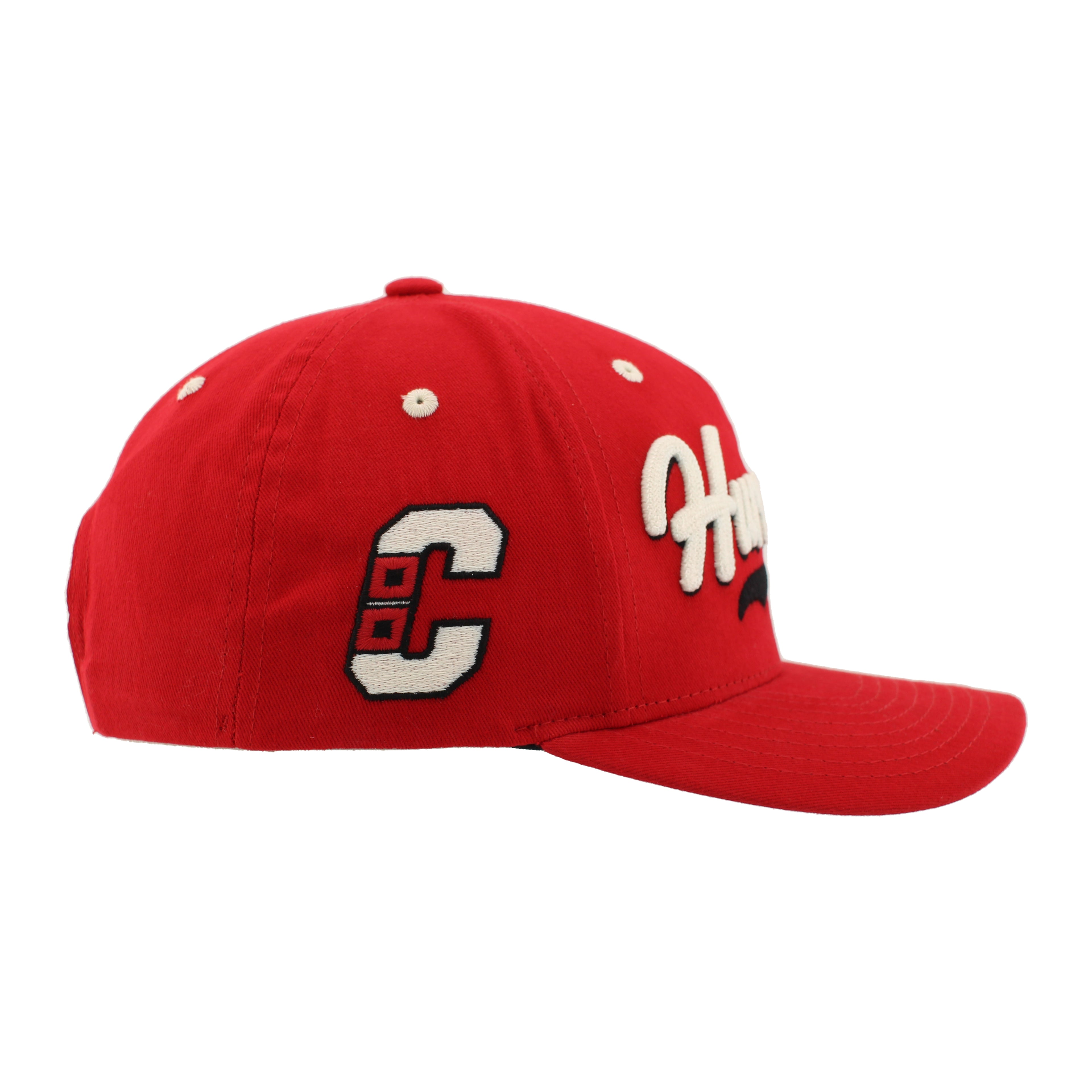 Right: Red hat with Warning Flag "C" logo on side, white eyelets