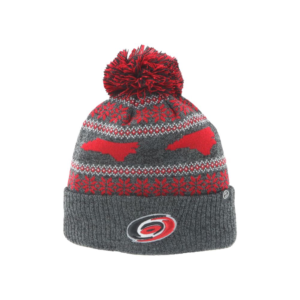 Gray cuffed knit with beanie, Hurricanes logo on cuff, red snowflakes and NC state shape 