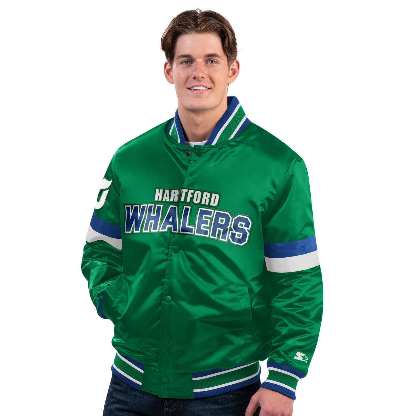 Front: Green bomber jacket with green and blue accents, Hartford Whalers in blue and white across front