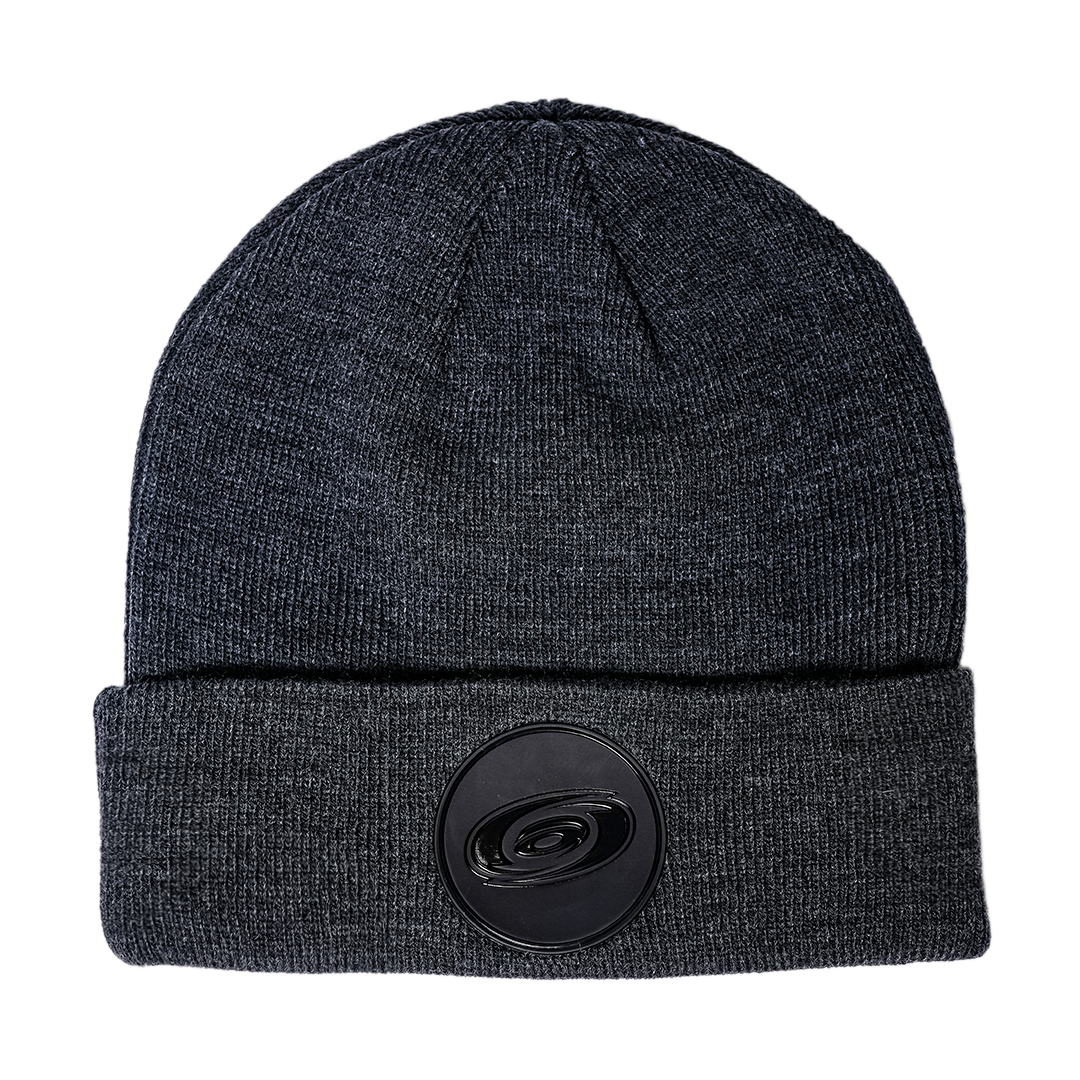 Black cuffed beanie with black circular logo on cuff featuring primary logo in black