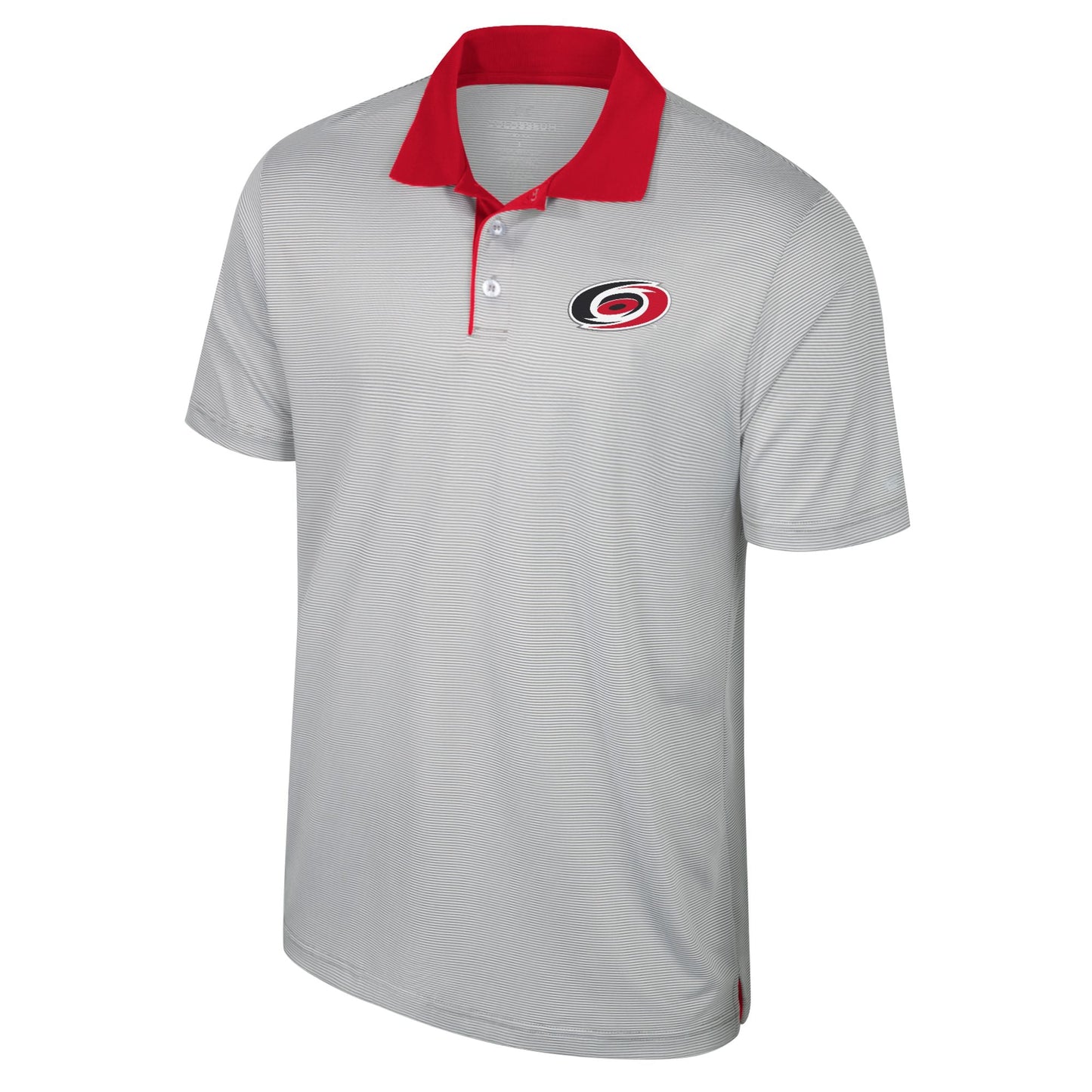 Gray striped polo with red collar, Hurricanes primary logo on left chest