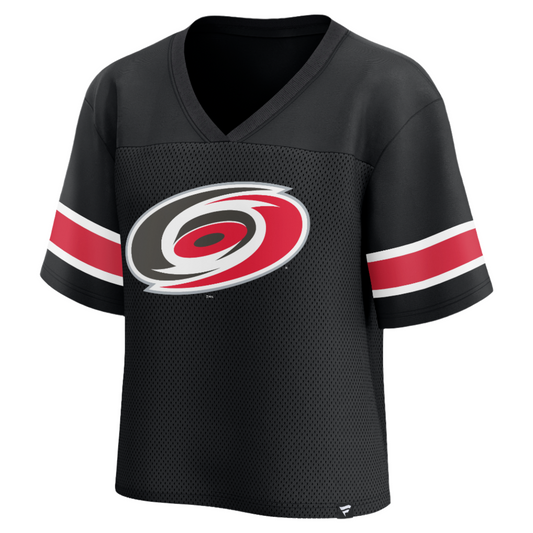 Front: Black v-neck mesh top with red and white strips on sleeves, primary logo on front