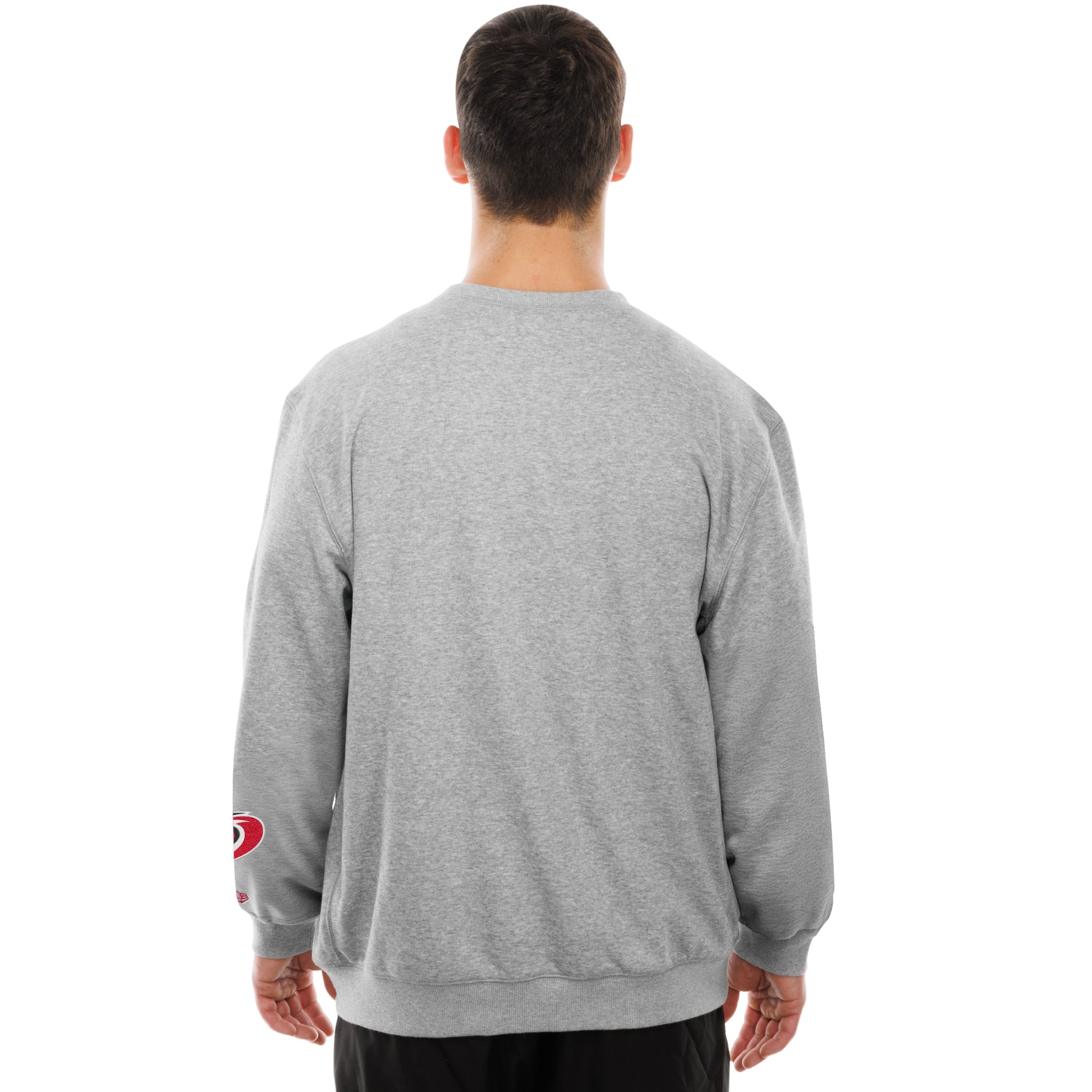 Back: Grey crewneck, Hurricanes primary logo and New Era logo on left sleeve