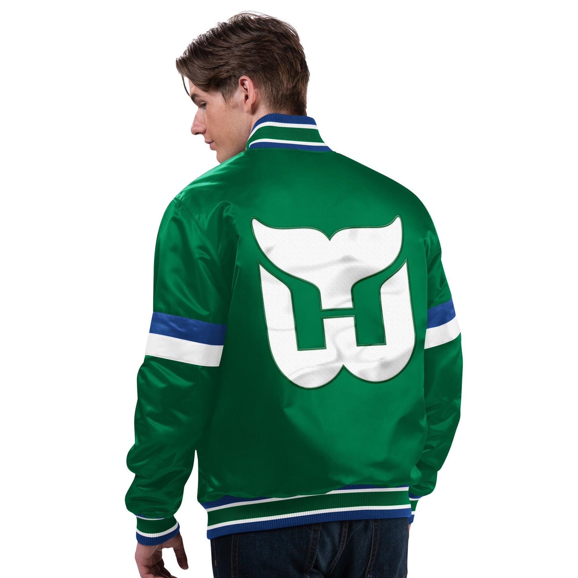 Back: White Whalers logo across back, white and blue stripes on sleeves