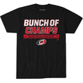 Black tee, "BUNCH OF CHAMPS" in white/red, red stripe beneath with player numbers in black