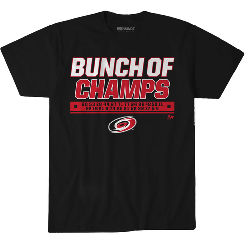Black tee, "BUNCH OF CHAMPS" in white/red, red stripe beneath with player numbers in black