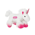 White unicorn plush, pink feet/ears/horn, Pink Primary logo on side