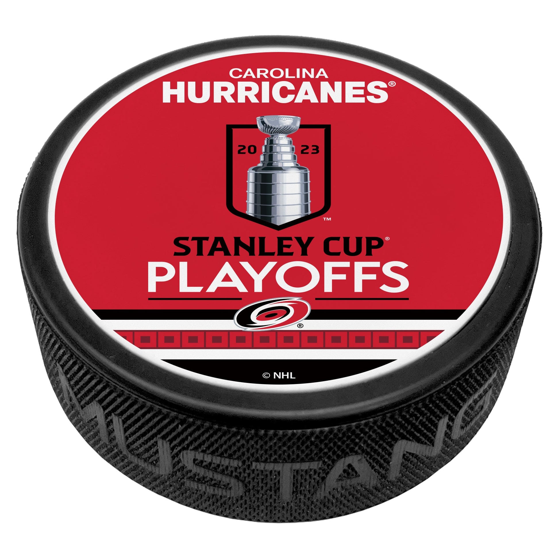 puck with red top face featuring 2023 Carolina Hurricanes Stanley Cup Playoffs logo