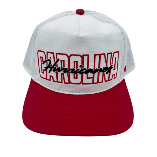 Front: White hat with red brim, Red and black graphic that says Carolina Hurricanes