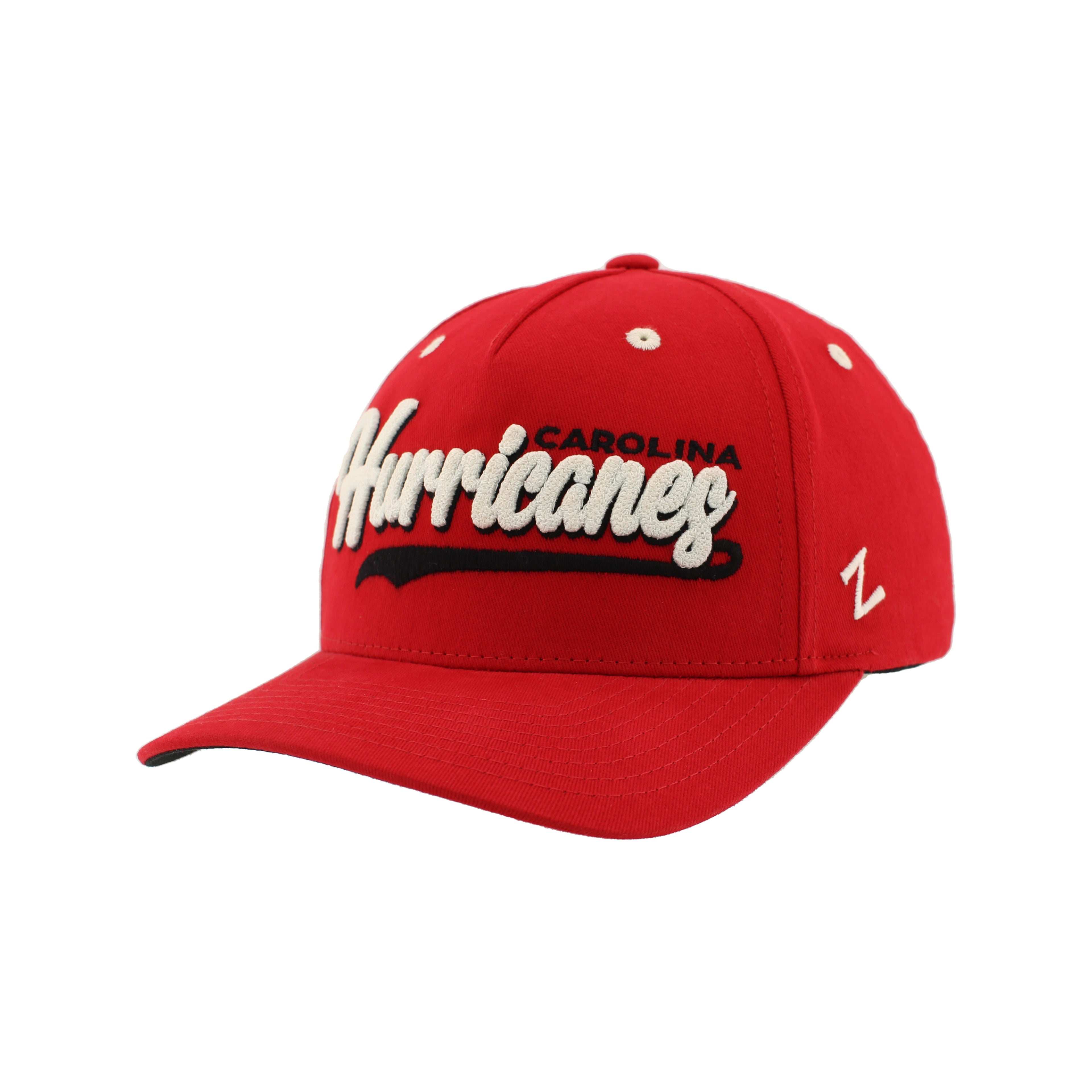 Front: Red hat, "Carolina" in black, "Hurricanes" in white in script