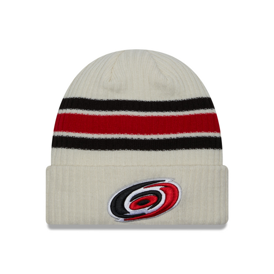 Front: Cream cuffed beanie with red and black striping, primary logo on cuff