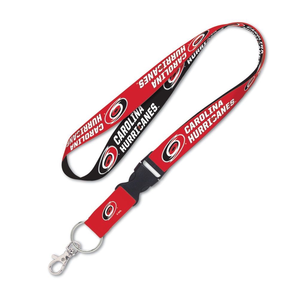 red and black lanyard with detachable buckle with repeating Carolina Hurricanes wordmark and primary logo