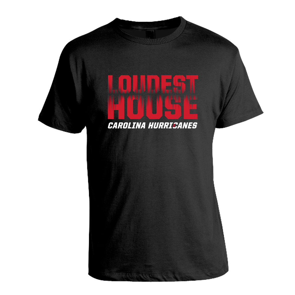 Black tee that says Loudest House in red and black gradient with Carolina Hurricanes wordmark in white below