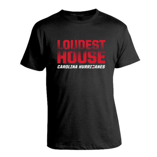 Black tee that says Loudest House in red and black gradient with Carolina Hurricanes wordmark in white below