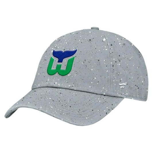 Side: Gray hat with splatter design, Whalers logo on front, white Fanatics logo on left