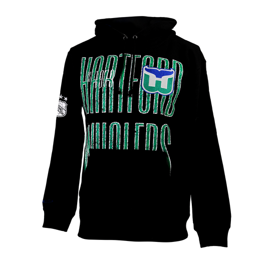 Front: Black hoodie with Hartford Whalers largely written in green on front, Whalers logo on left chest