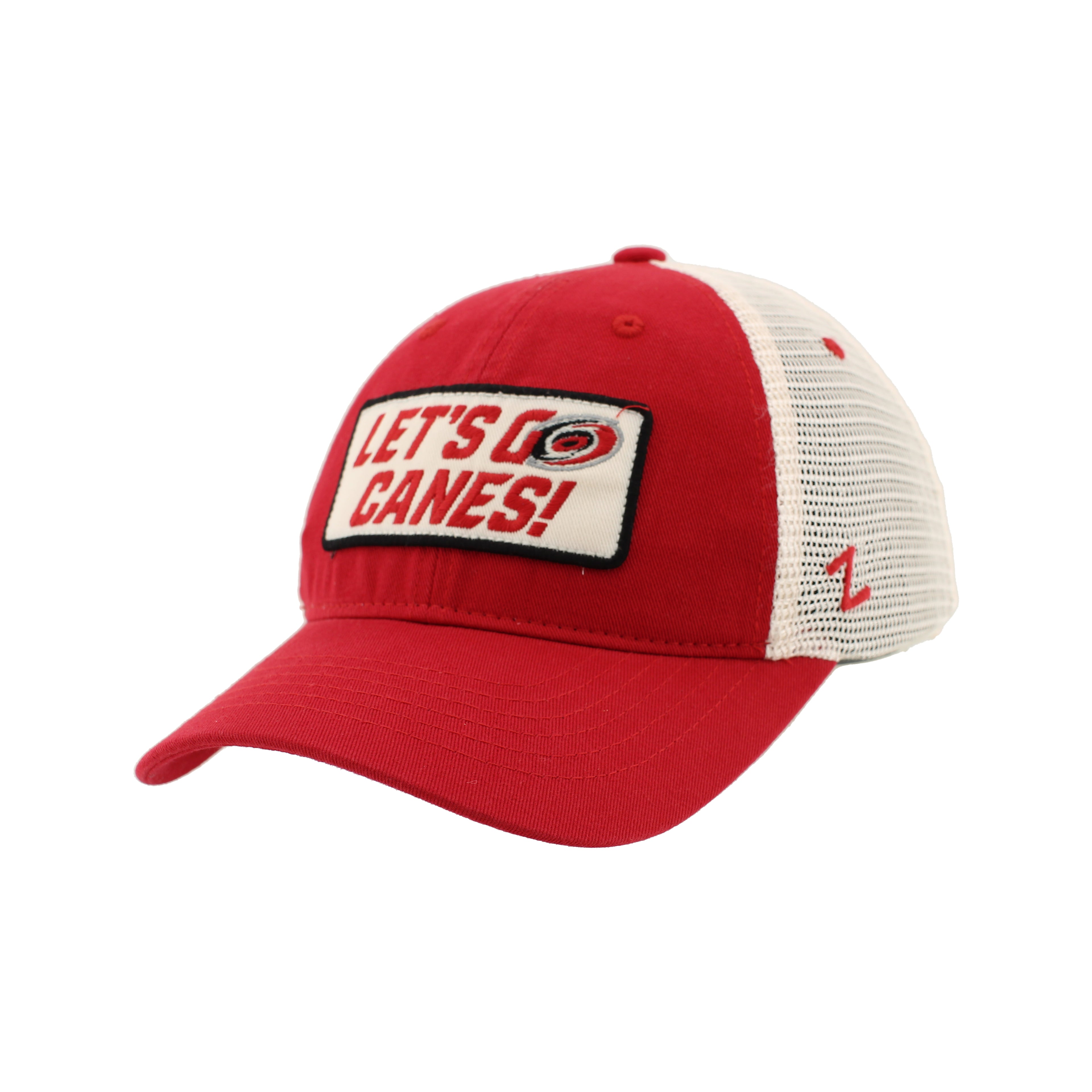 Front: Red hat, rectangular patch says "Let's Go Canes",  primary logo makes up the "O"