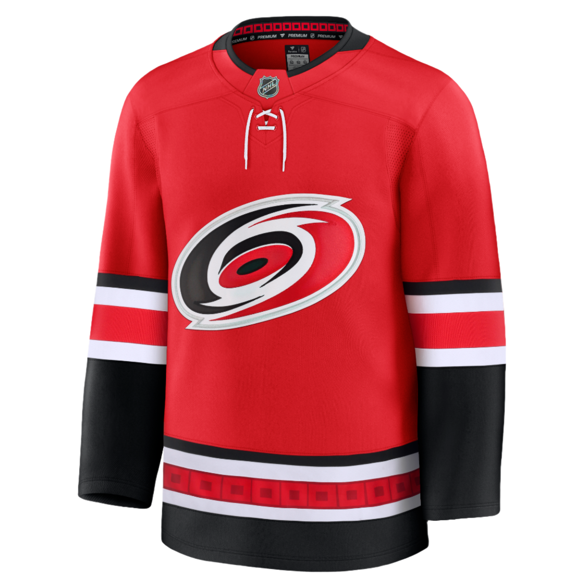 Front: Red jersey, black/white trim, Hurricane Warning flags at waist, Primary logo crest