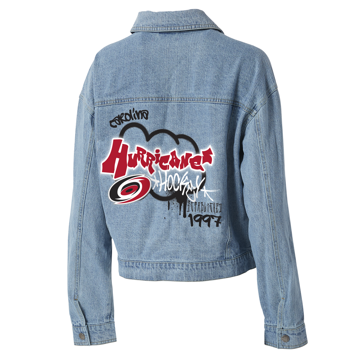 Back: Jean jacket with Hurricanes Hockey graffiti-style graphic on back