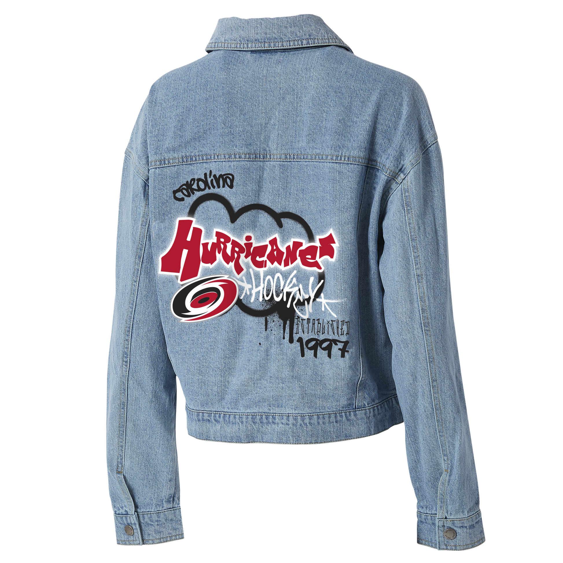 Back: Jean jacket with Hurricanes Hockey graffiti-style graphic on back