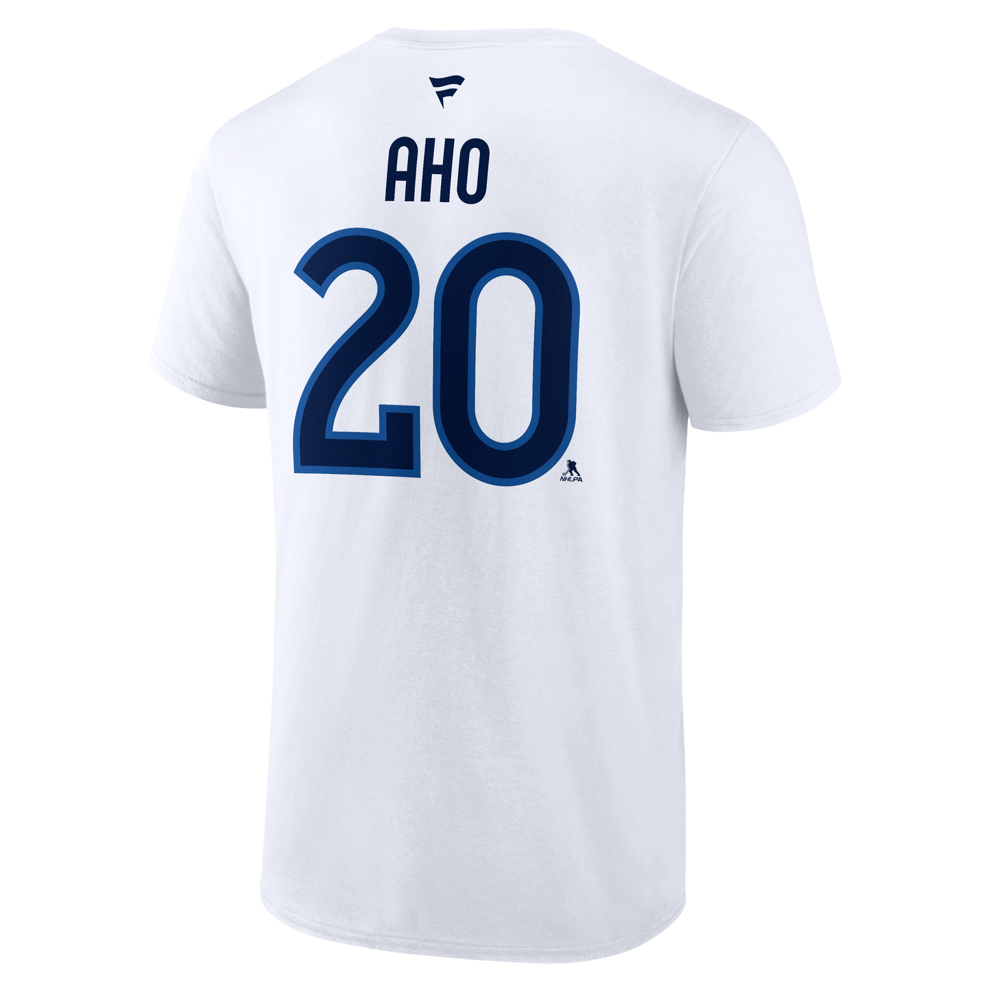 Back: White tee with black and blue lettering, says Aho 20 with Fanatics logo