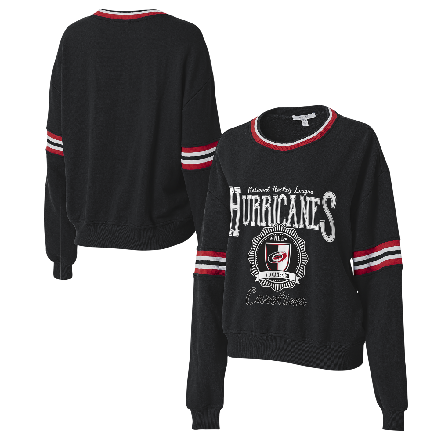 Front/Back: Black sweater with red and white striping, Hurricanes sorority-style graphic on front