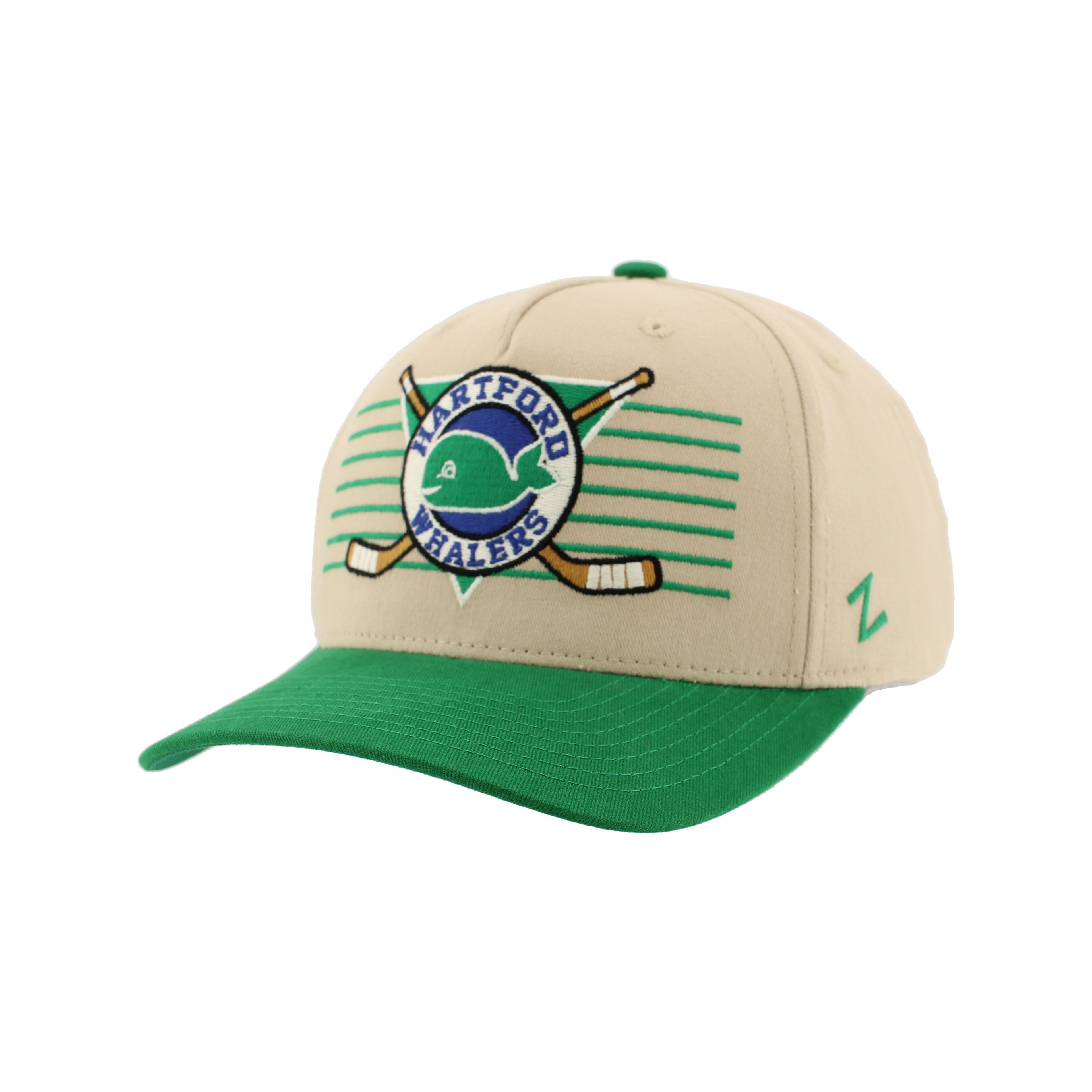 Front: Beige hat, green brim, "Hartford Whalers" circular patch with Pucky and cross sticks