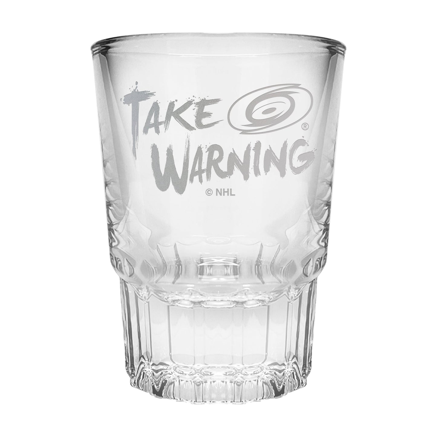 shot glass with etched Take Warning graphic