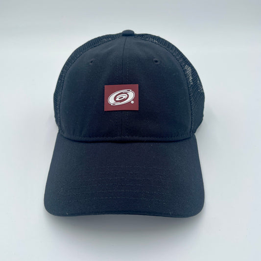 Front: Black hat with maroon patch on front with white Hurricanes primary logo in middle