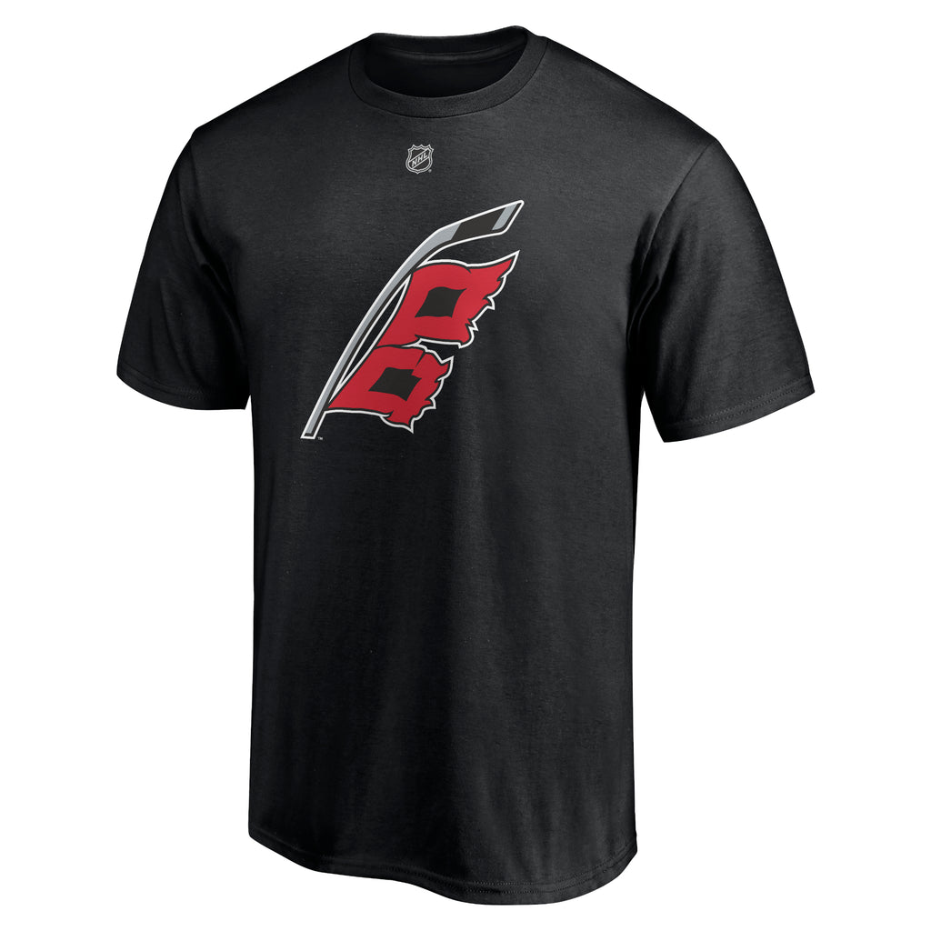 Front: Black tee, Flags logo across chest with small NHL shield above