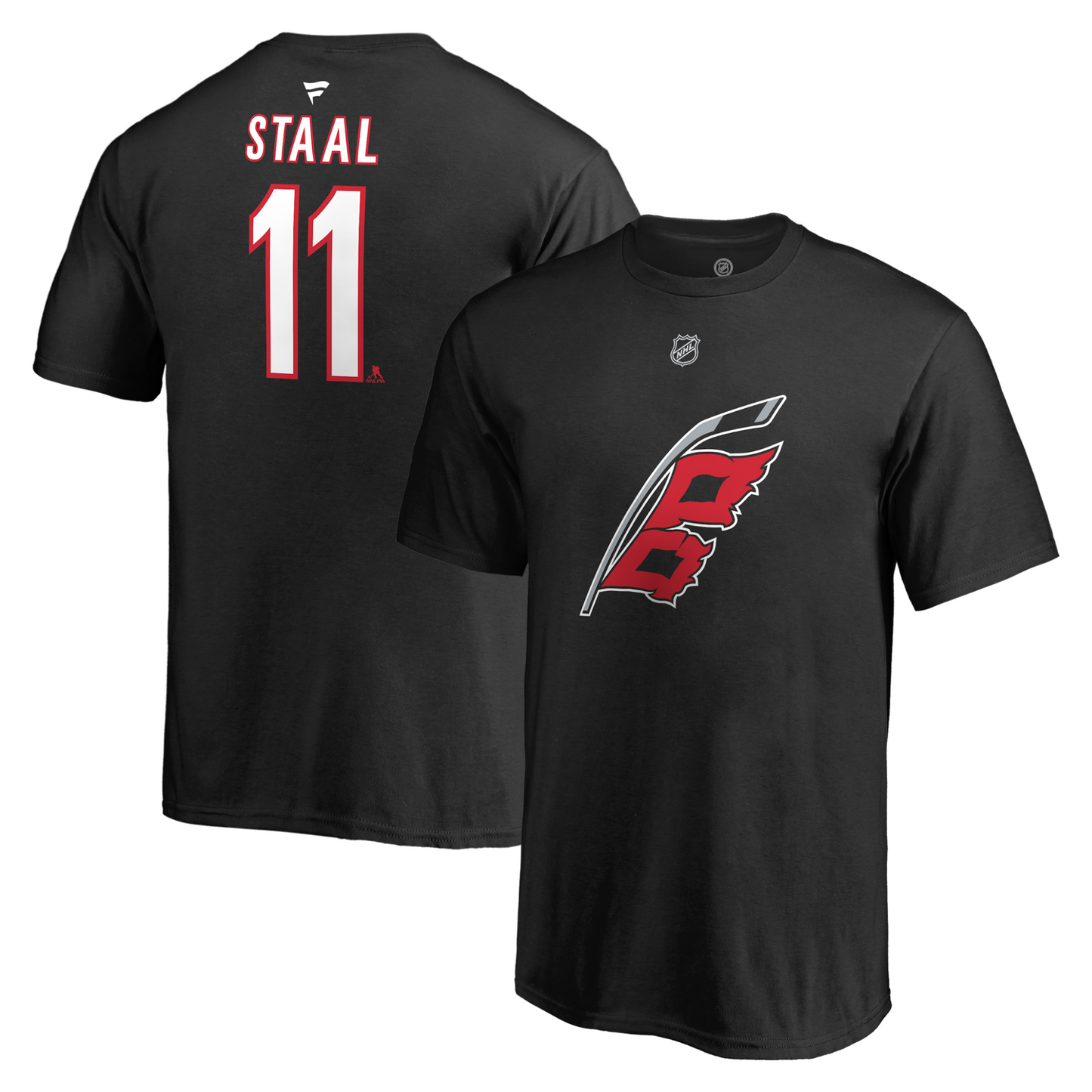 black tee with Flags logo on front, Staal 11 on back