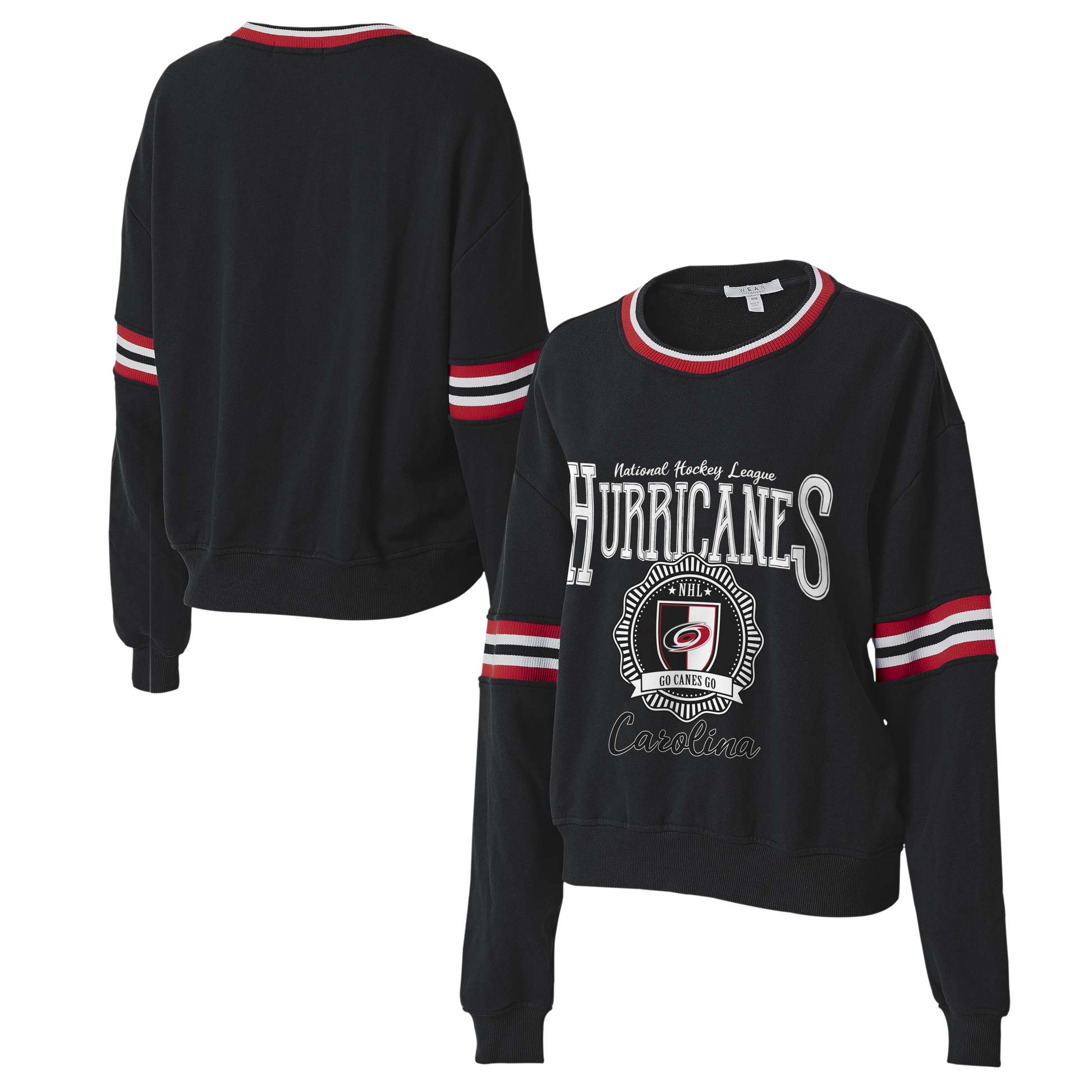 Front & Back: Black crewneck with striping on sleeves and graphic on front