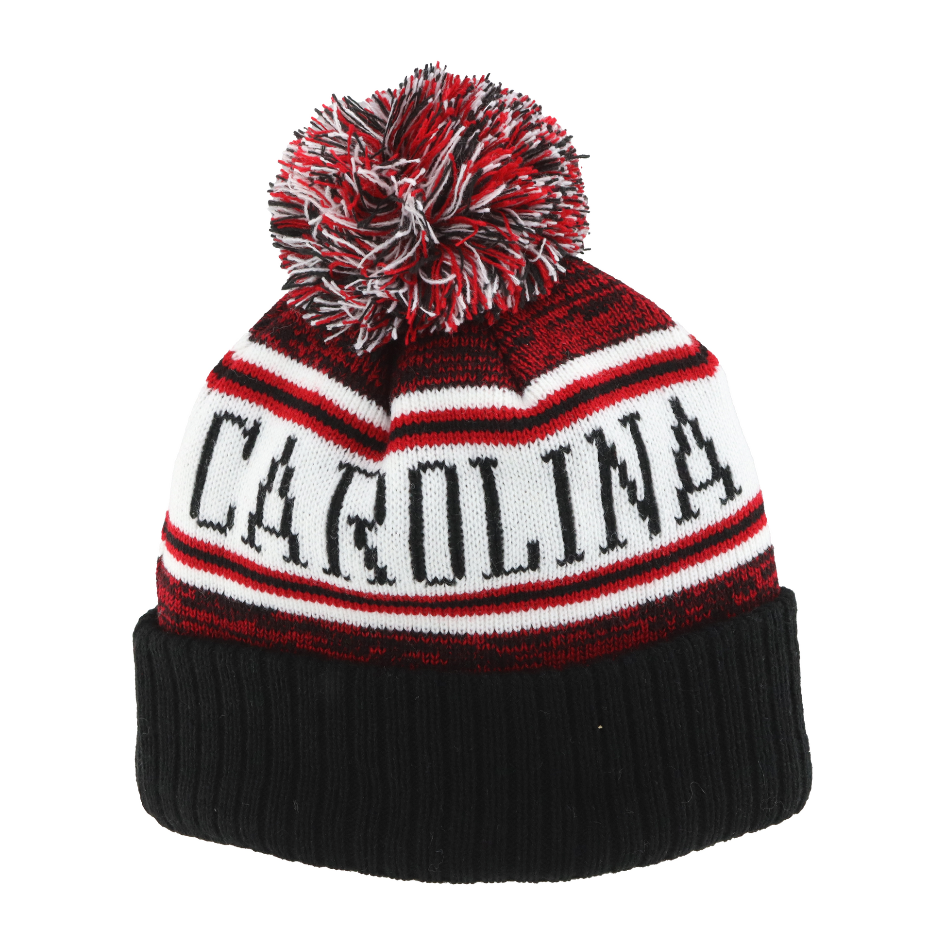 Back: Red black and white cuffed pom with Carolina written on beanie