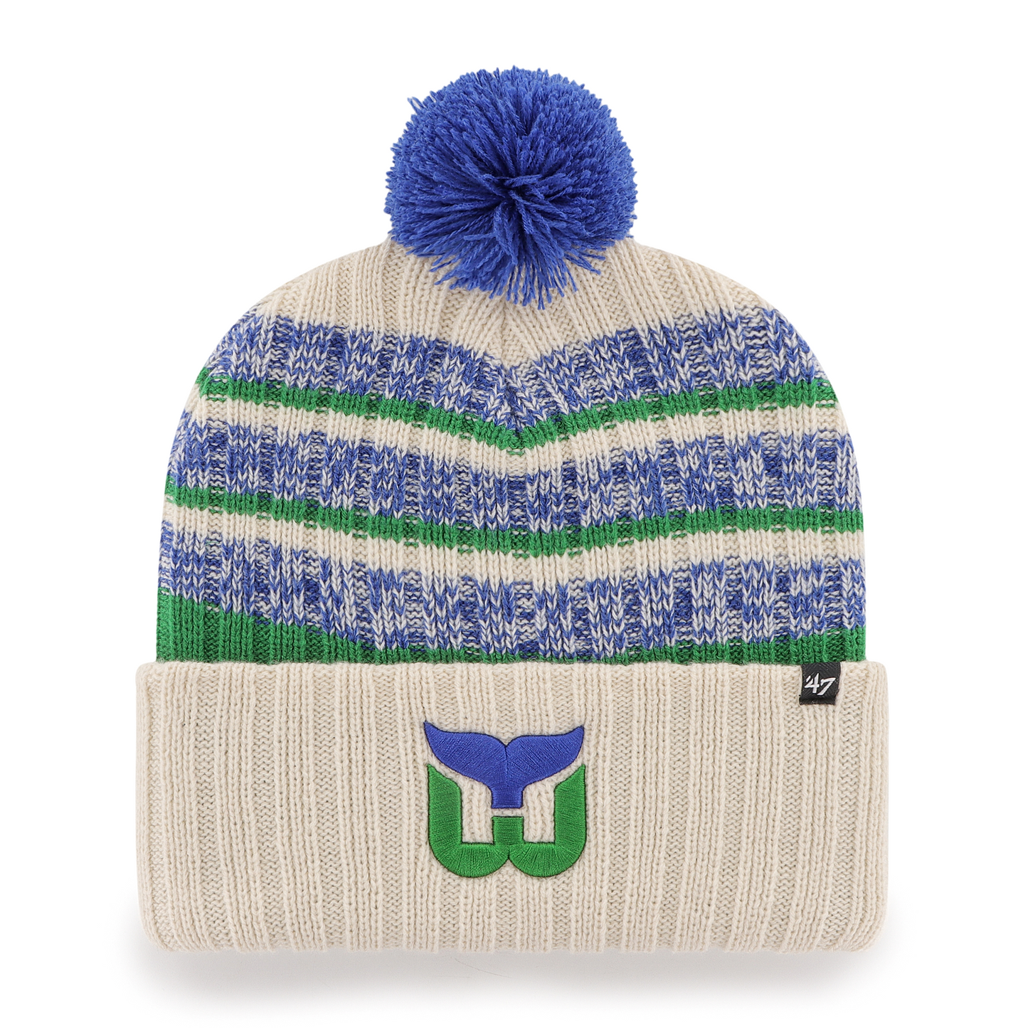 Front: White, green and blue cuffed knit with Whalers logo on cuff, blue pom