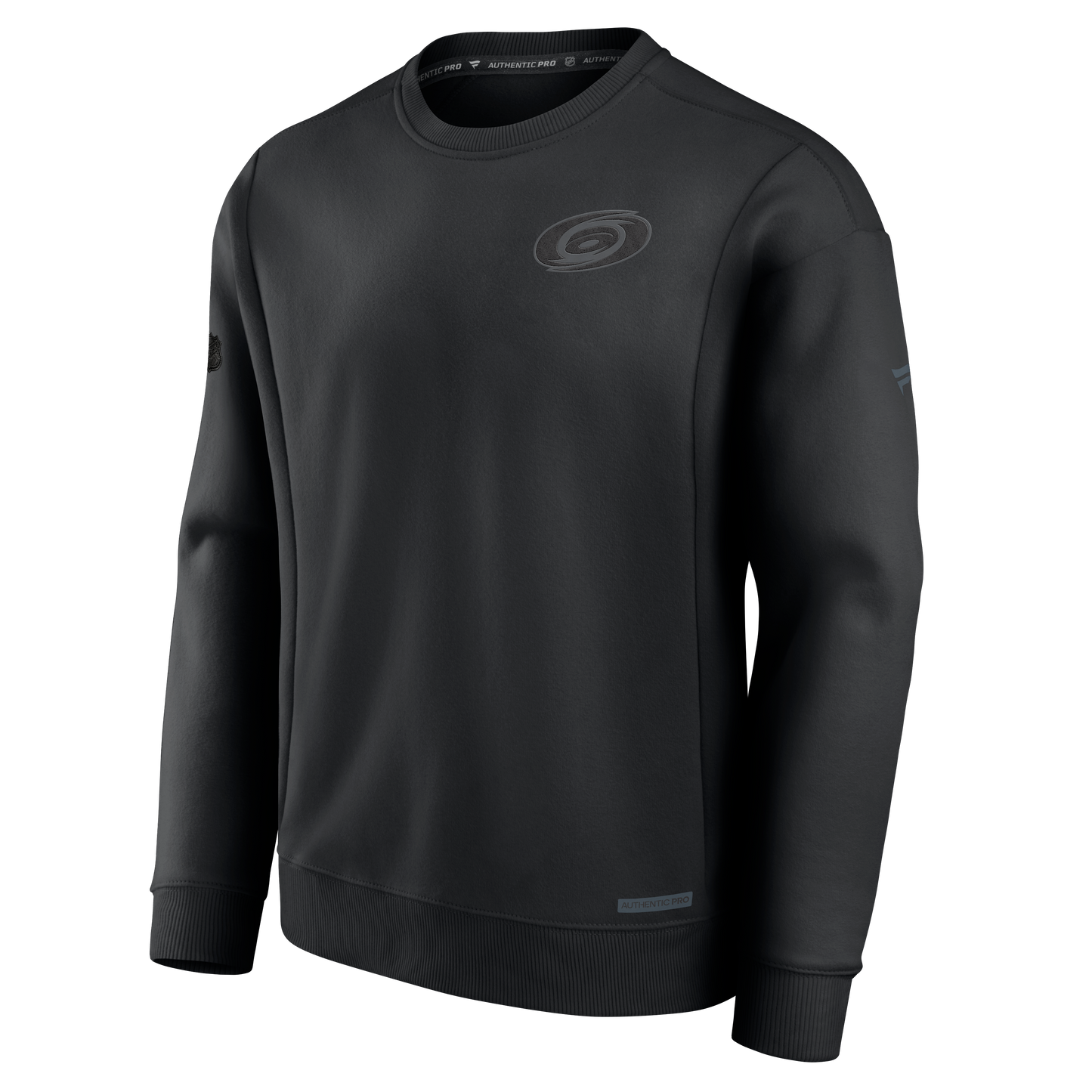 Front: Black crewneck with Hurricanes primary logo blacked out on left chest