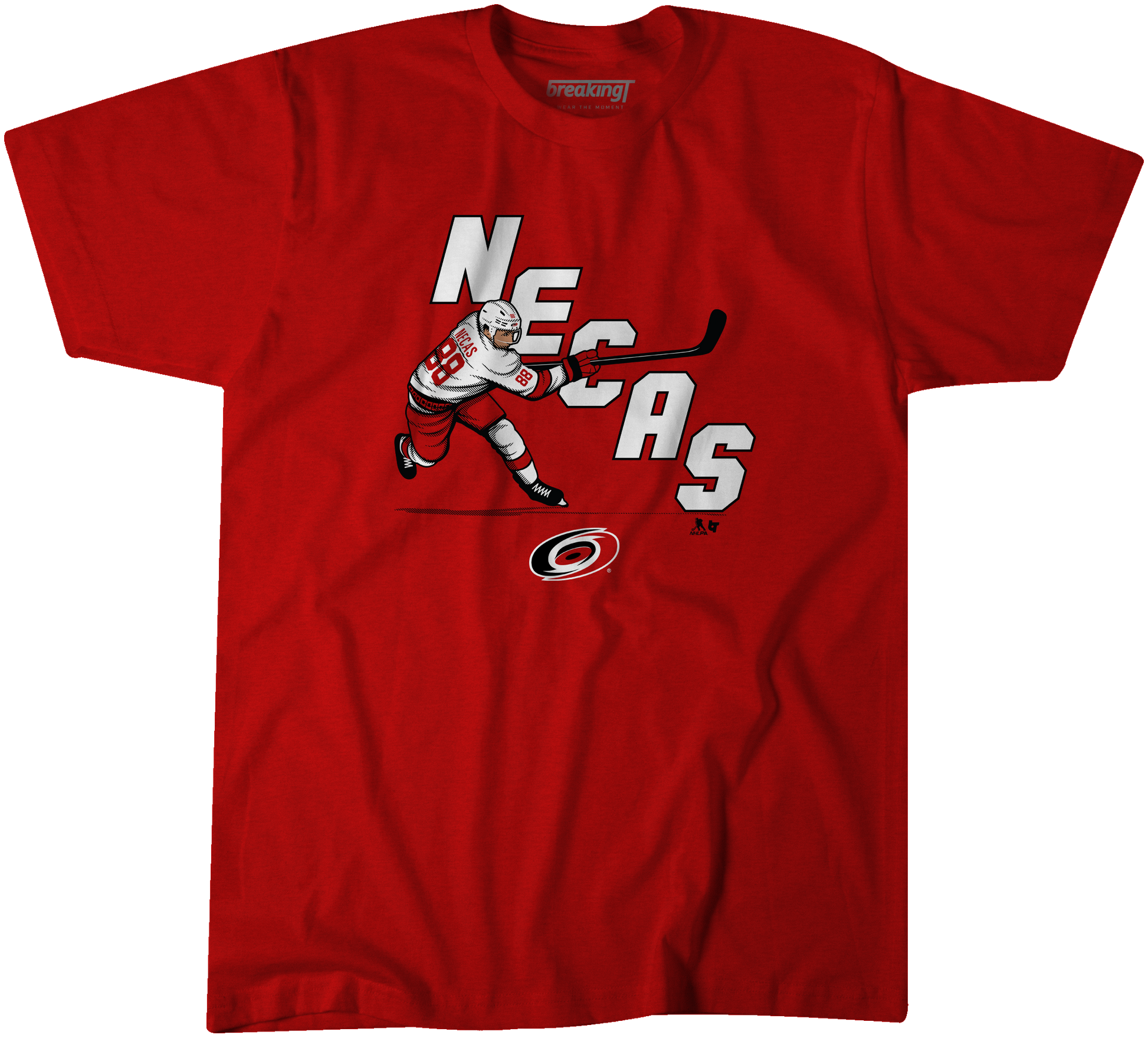 red tee with art of Martin Necas, NECAS spelt diagonally like Hurricanes white jersey