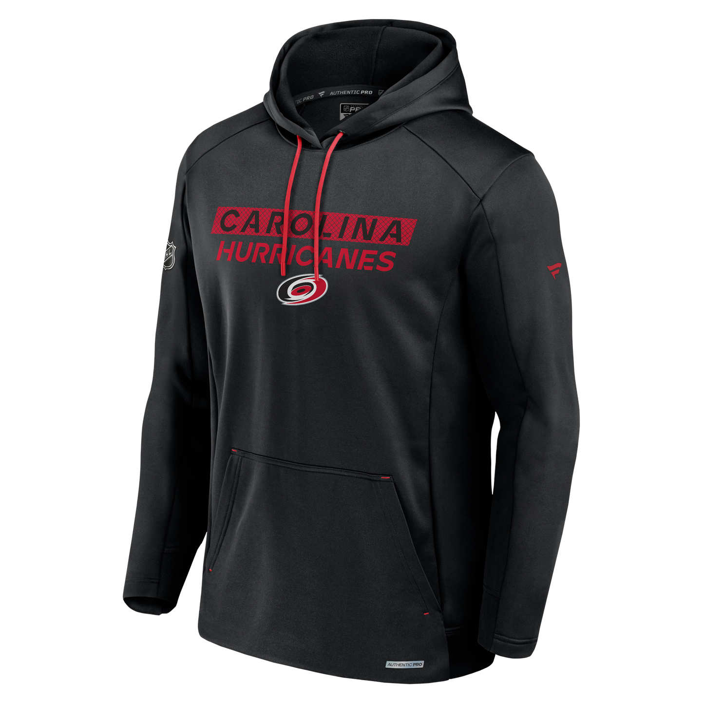 Front: Black hoodie with red and black graphic that says Carolina Hurricanes with primary logo on front