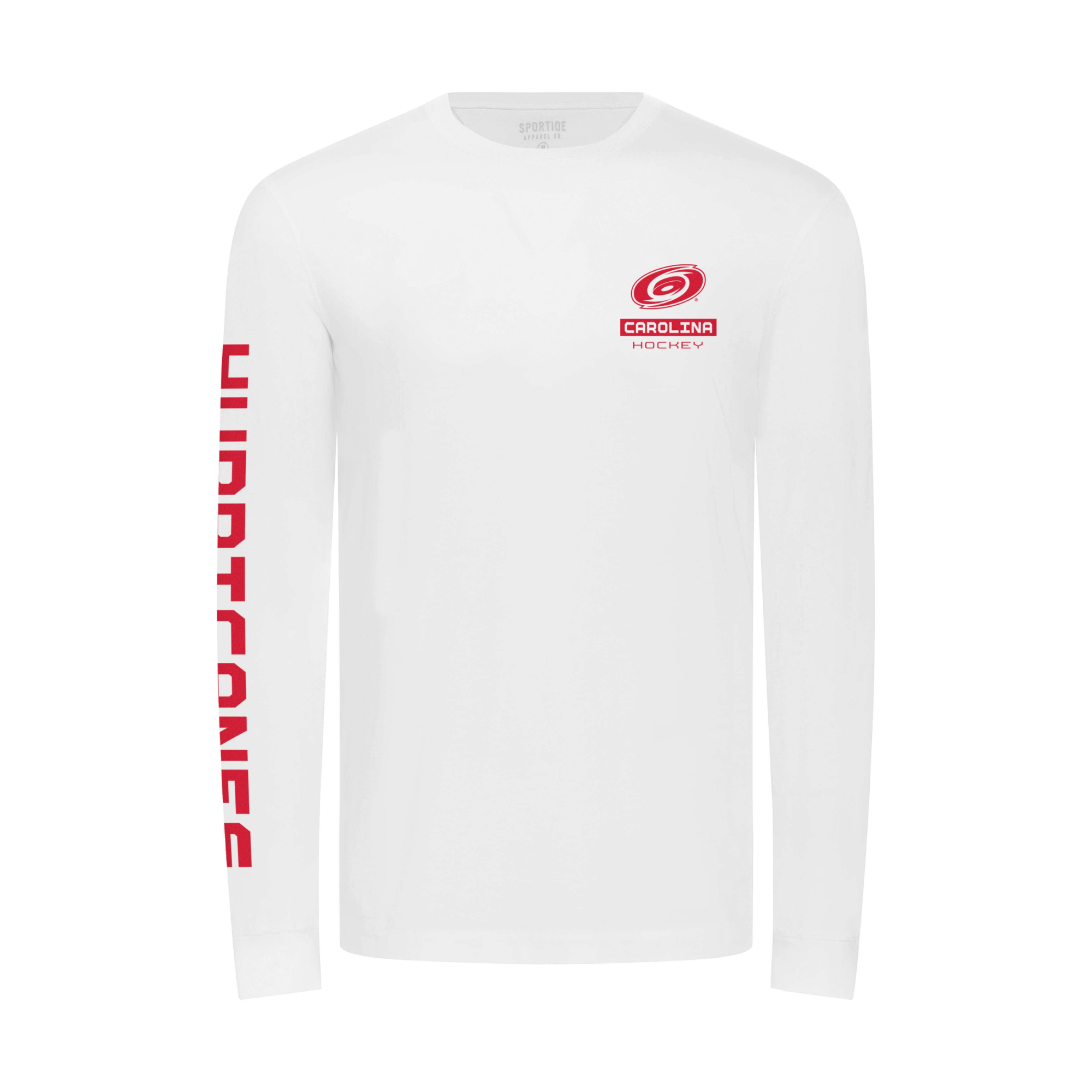 White longsleeve, "CAROLINA HOCKEY" with Primary logo on red on left chest, "HURRICANES" on right sleeve