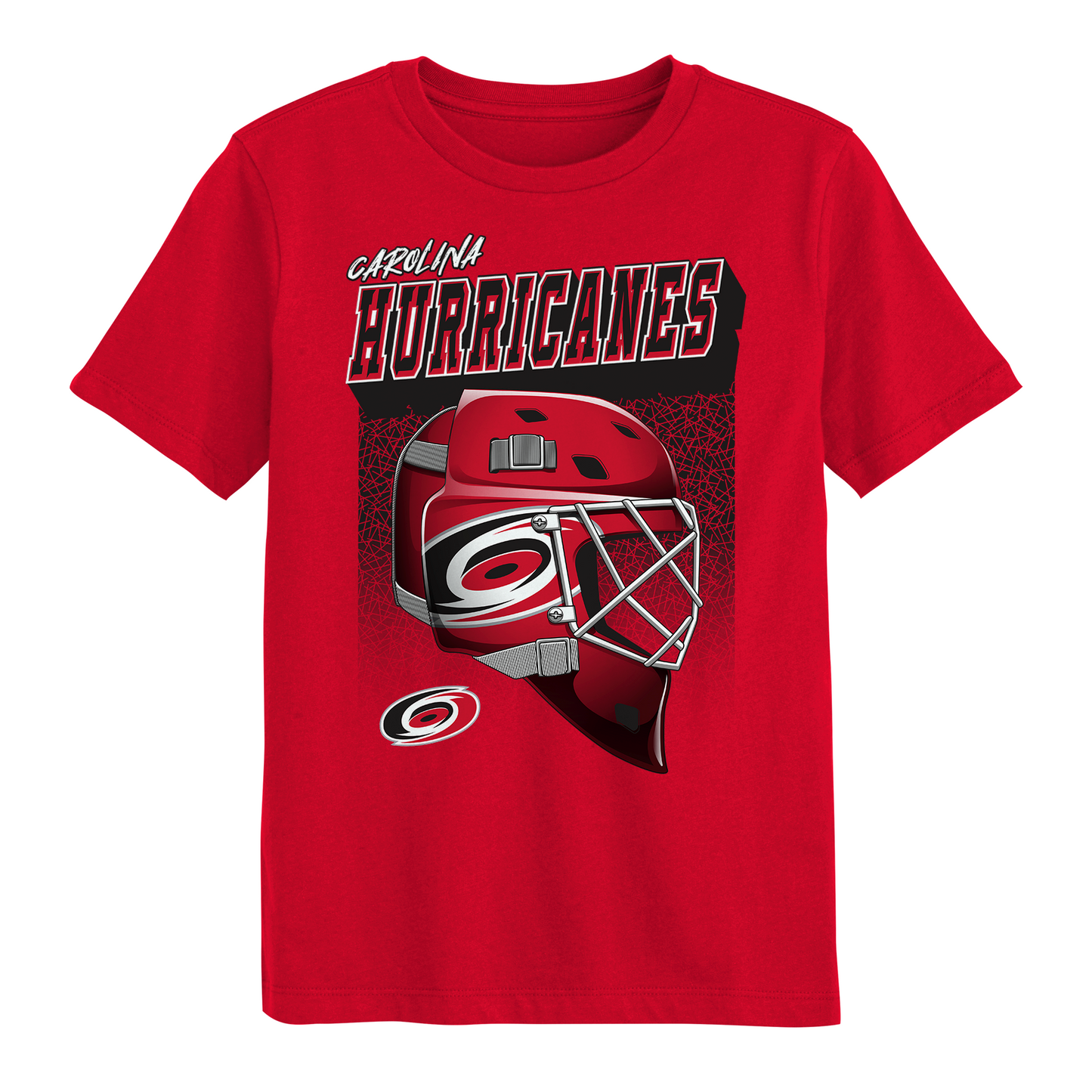 Red tee with Carolina Hurricanes graphic on front featuring goalie mask