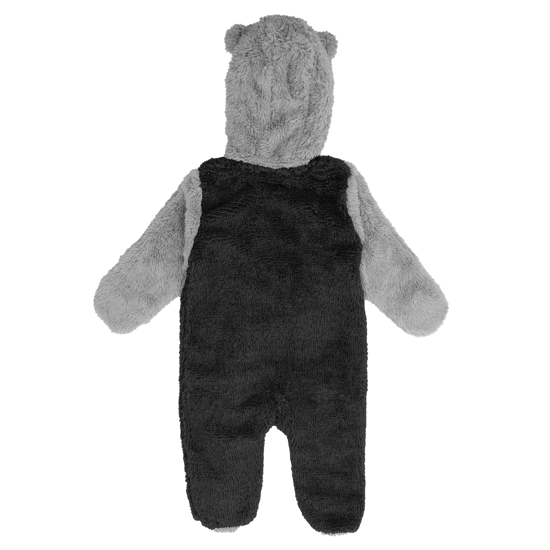 Back: Black and gray hooded fleece onesie with ears