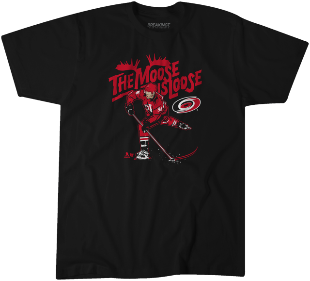 Black tee with graphic of Mikko Rantanen that says "The Moose is Loose" in red