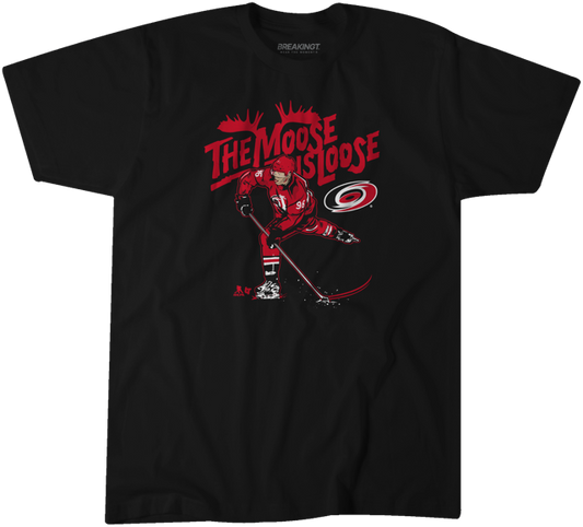 Black tee with graphic of Mikko Rantanen that says "The Moose is Loose" in red